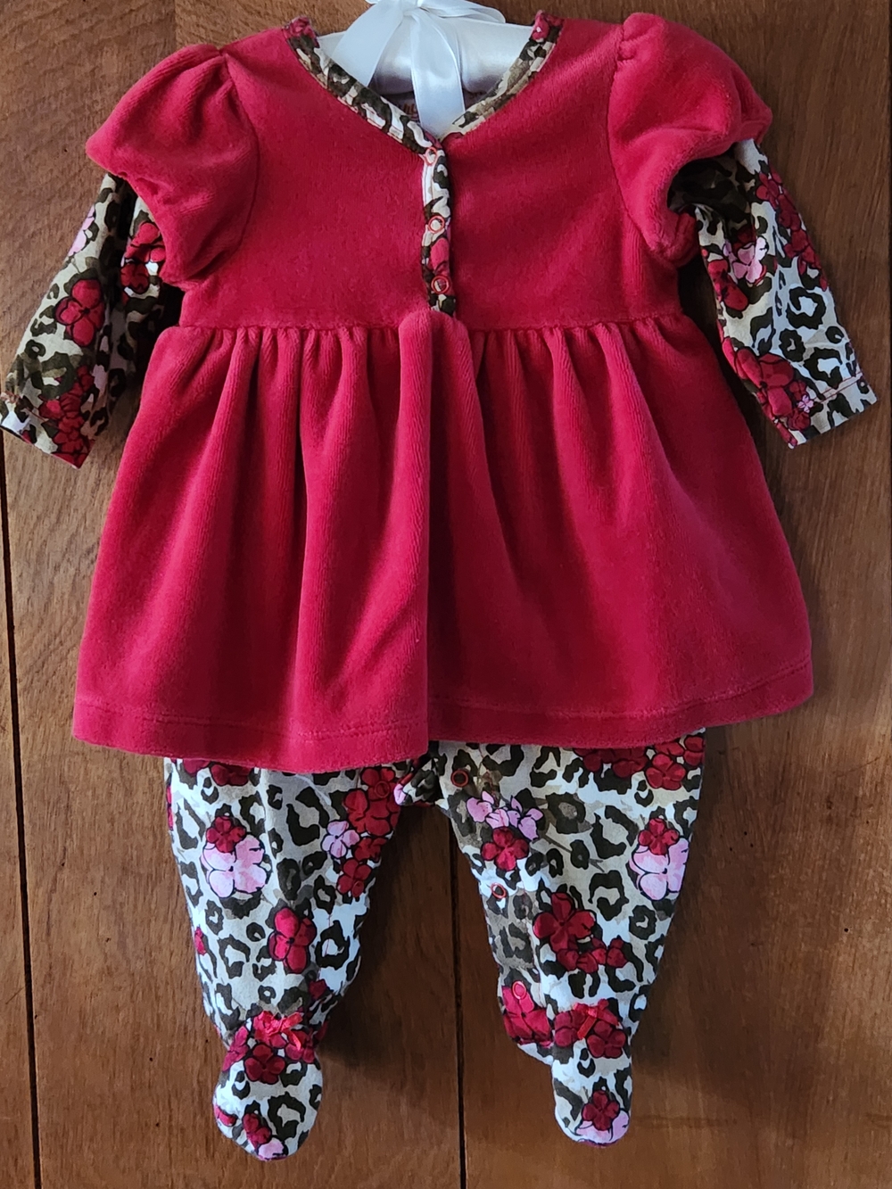 Red Floral-Trim Baby Footie One-Piece with Leopard Print